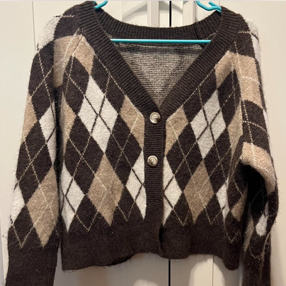 Argyle Patterned Brown Cardigan Sweater